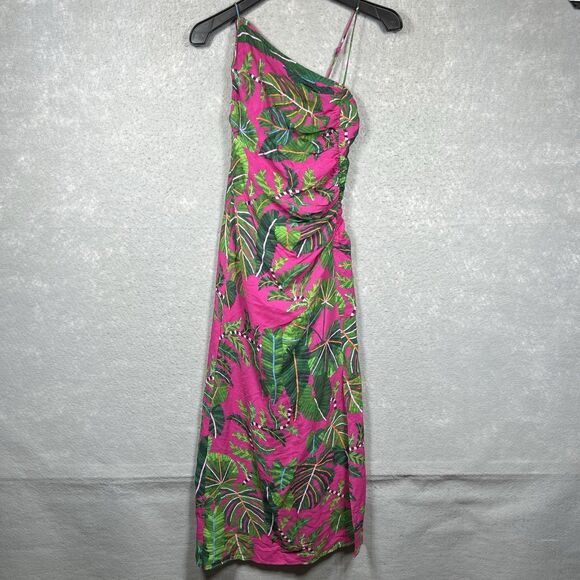 FARM RIO PINK/GREEN LEAVES ASYMMETRIC MIDI VISCOSE DRESS TROPICAL SIZE SMALL - Picture 3 of 15